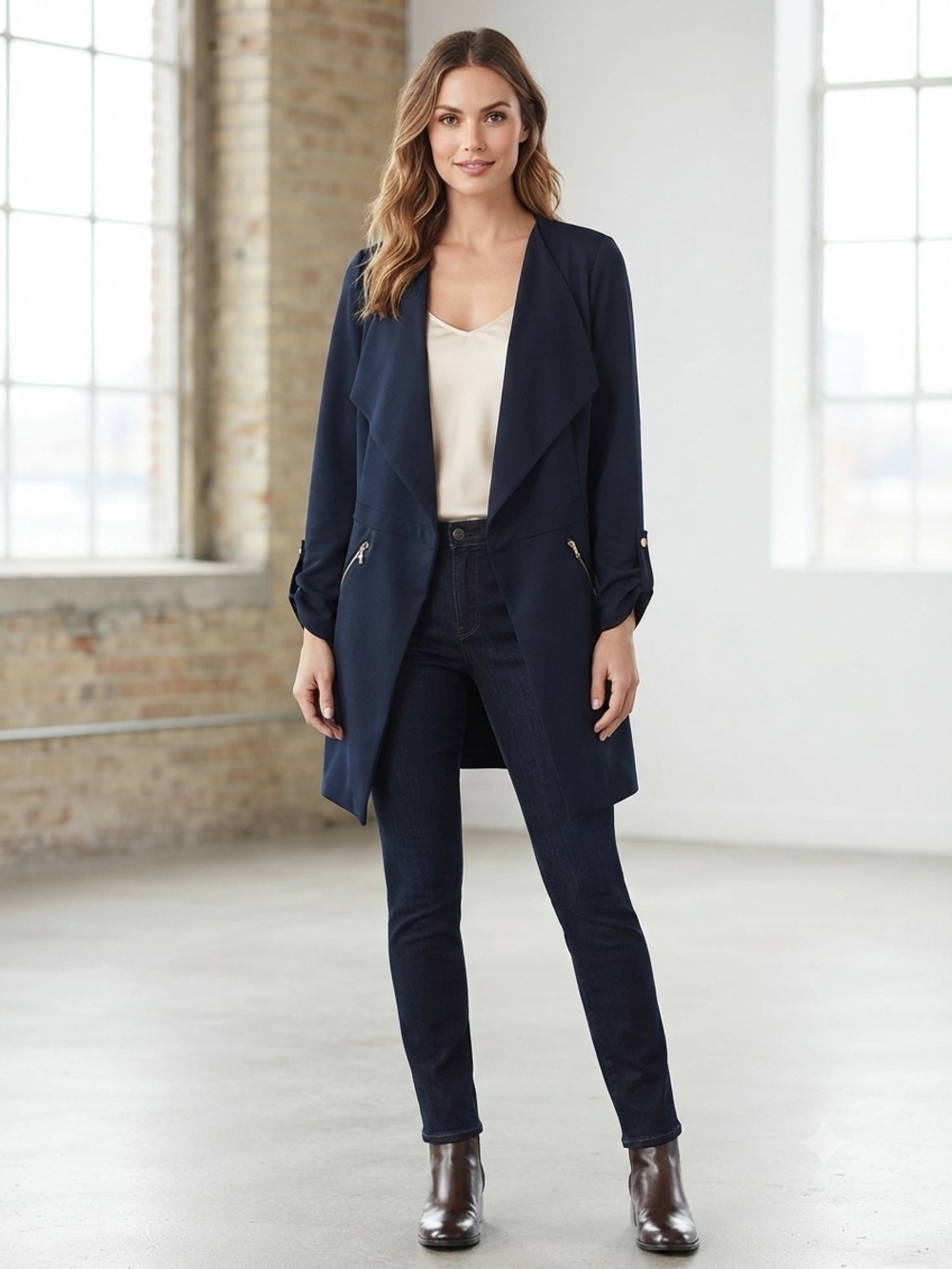 Women’s Navy Open-Front Longline Blazer